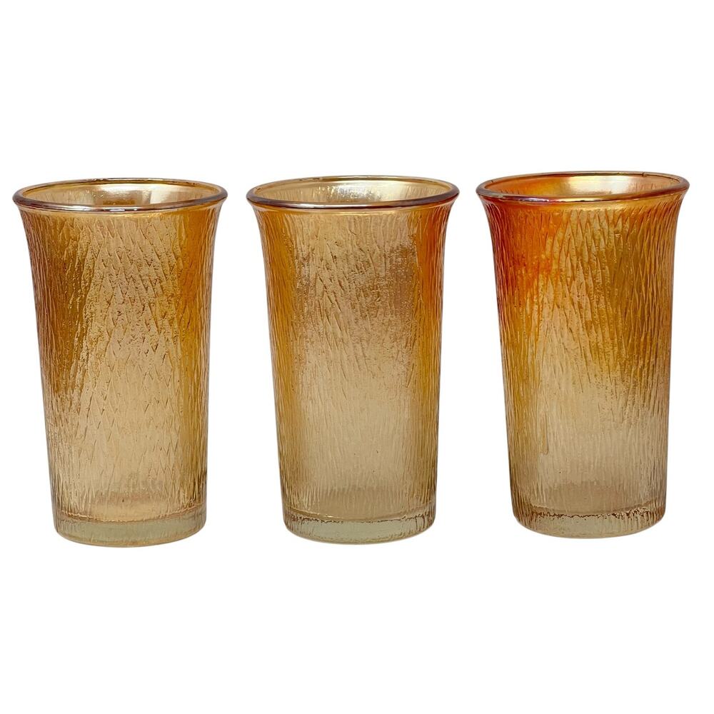 Vintage Imperial Marigold Iridescent Carnival Glass Tree Bark Tumblers Set of 3